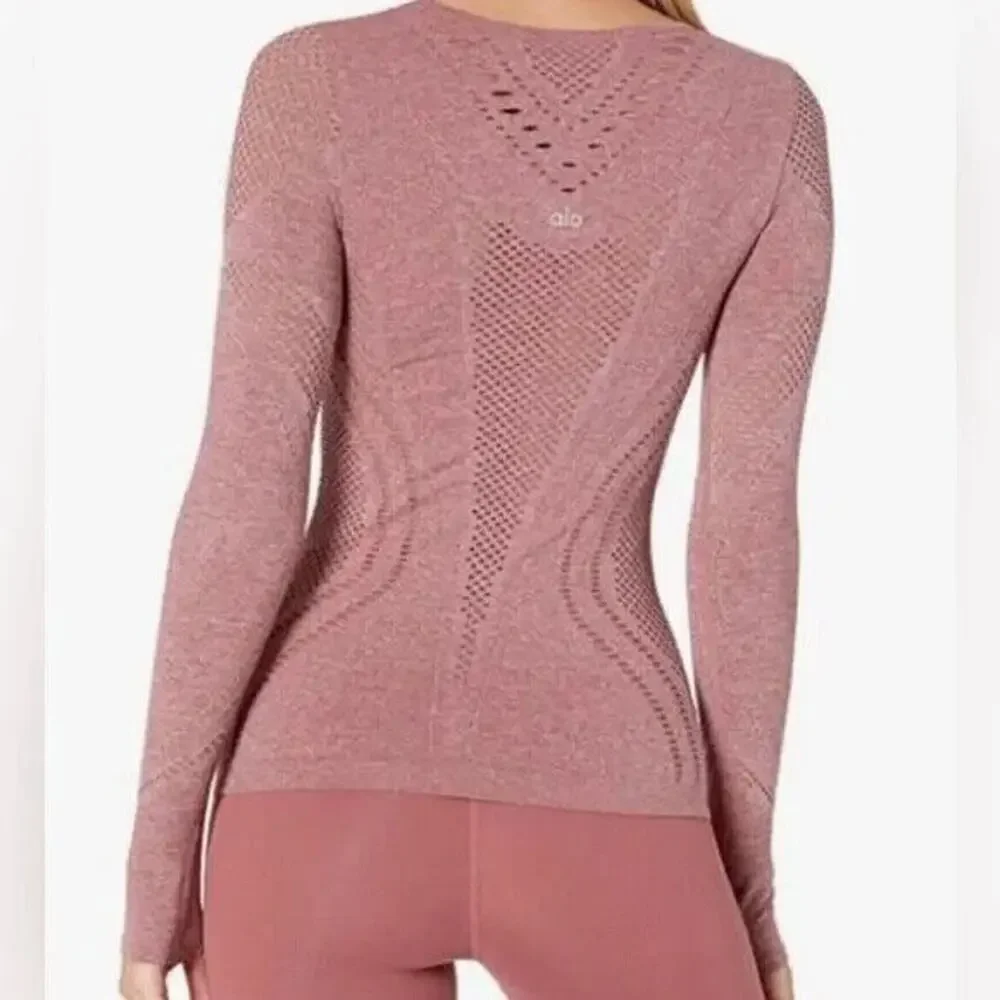 Alo Yoga Lark Seamless Laser Cut Mesh Top Sz Small Long Sleeve Rosewood Stretch